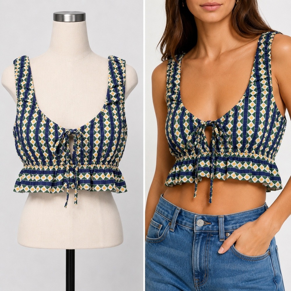 Anthropologie Celandine Linen Blend Ruffled Crop Top M Blue Green Geometric Star